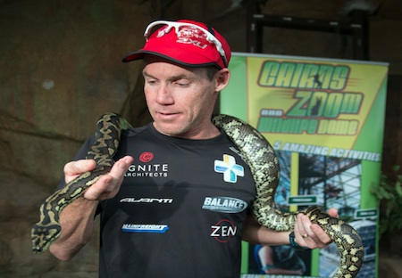 Cameron Brown, with some of the local wildlife at the Cairns Zoo, ahead of Sunday's Ironman Cairns triathlon. 